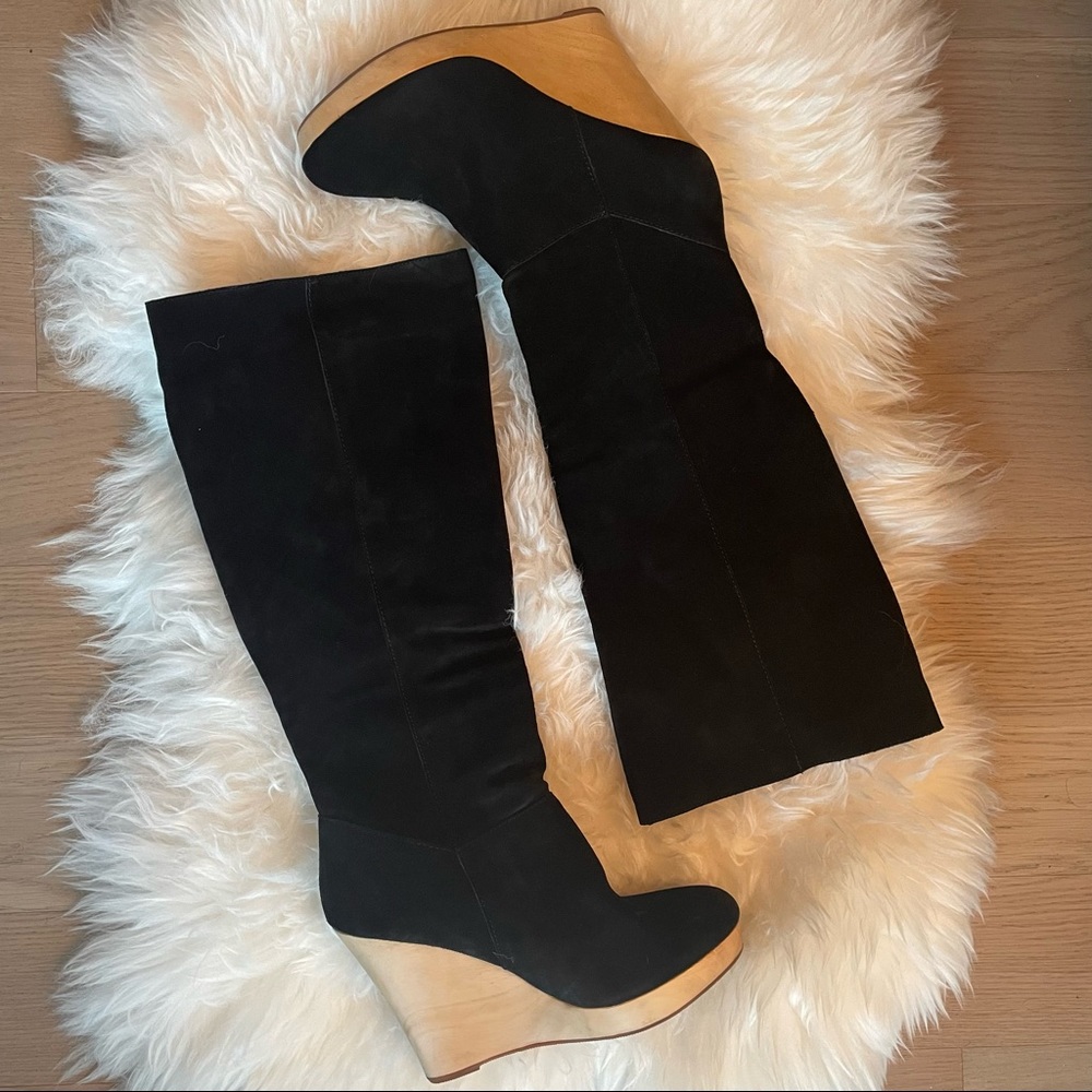 Like new. Black suede wedge knee-high boots. SZ 9. With box.